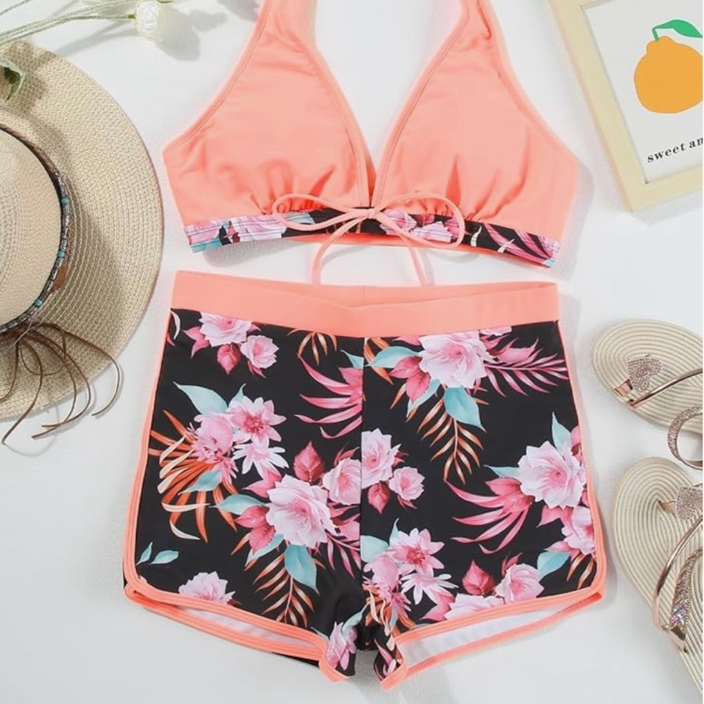 Floral Pink Halter Bikini Set Swimwear Bathing Suit Size Medium‎